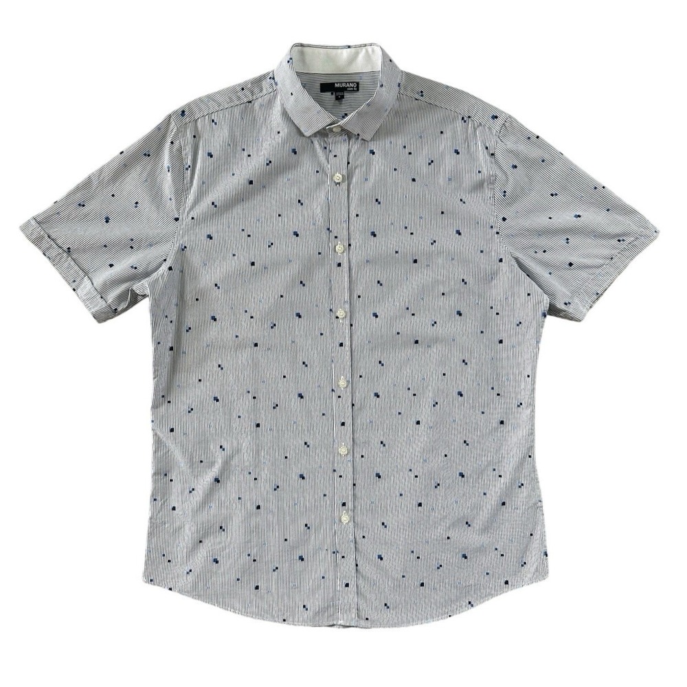 Murano Mens Large Slim Fit Short Sleeve Button Up Shirt Blue White Stripe Cotton